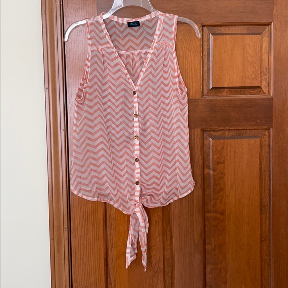 Cals coral and white sheer tie front top